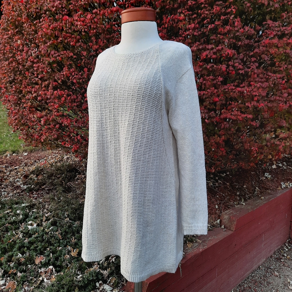 J. Jill Raglan Long Sleeve Waffle Contrast Super Soft Sweater Longline Tan